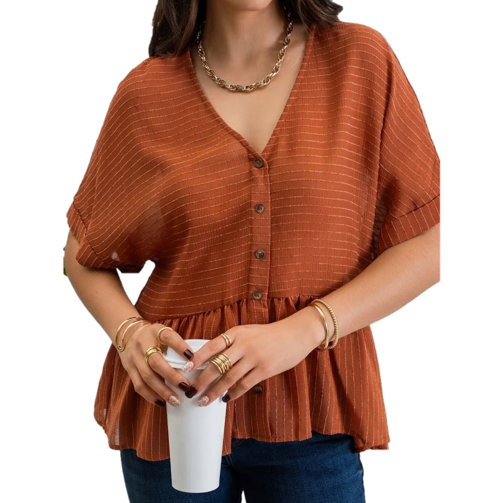 Blu Pepper Anthropologie Rust Brown Striped Peplum Babydoll Blouse Size M NWT